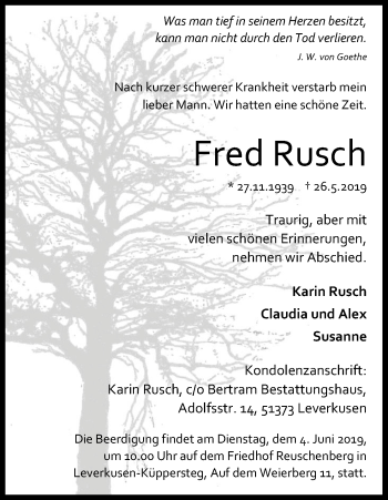 Anzeige von Fred Rusch von Kölner Stadt-Anzeiger / Kölnische Rundschau / Express