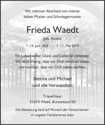 Anzeige von Frieda Waedt von  Anzeigen Echo 