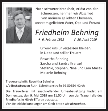 Anzeige von Friedhelm Behning von  Wochenende 