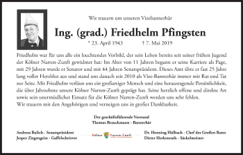 Anzeige von Friedhelm Pfingsten von Kölner Stadt-Anzeiger / Kölnische Rundschau / Express