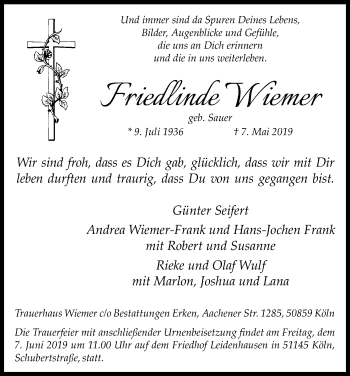Anzeige von Friedlinde Wiemer von Kölner Stadt-Anzeiger / Kölnische Rundschau / Express