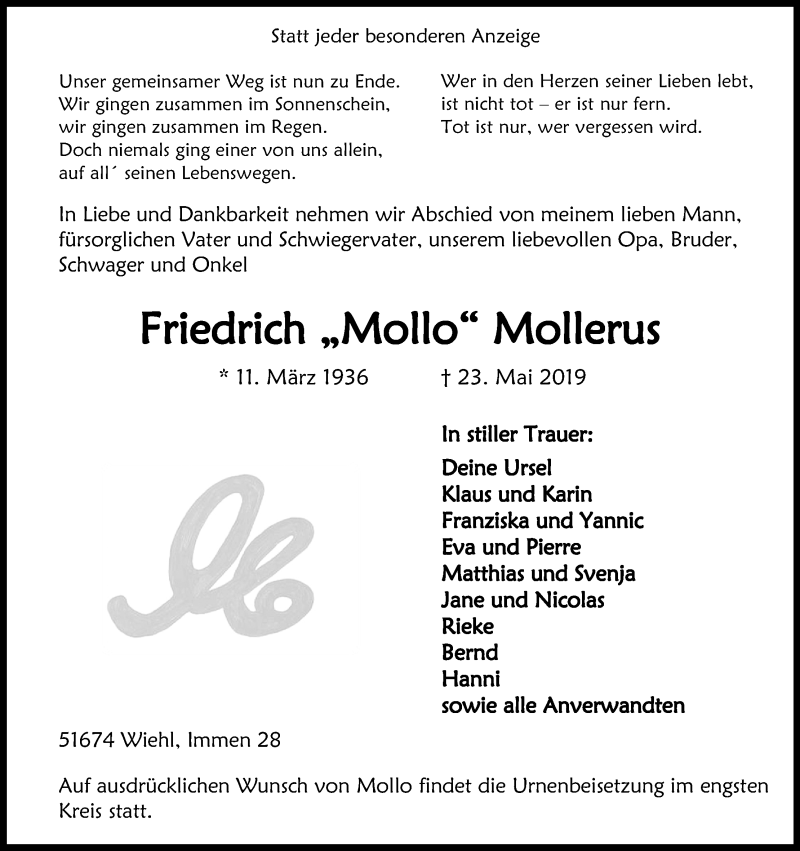 Traueranzeige für Friedrich Mollerus vom 25.05.2019 aus Kölner Stadt-Anzeiger / Kölnische Rundschau / Express