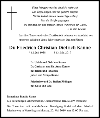 Anzeige von Friedrich Christian Dietrich  Kanne von Kölner Stadt-Anzeiger / Kölnische Rundschau / Express