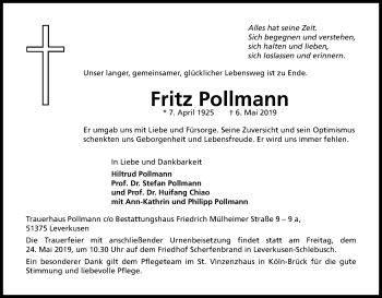 Anzeige von Fritz Pollmann von Kölner Stadt-Anzeiger / Kölnische Rundschau / Express