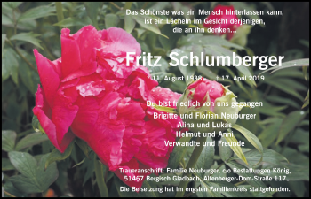 Anzeige von Fritz Schlumberger von  Bergisches Handelsblatt 