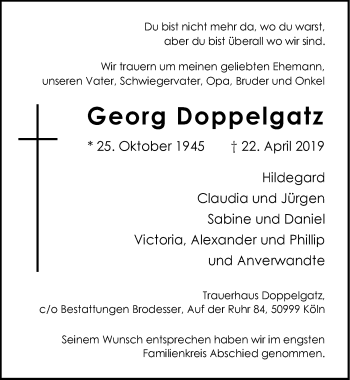 Anzeige von Georg Doppelgatz von  Kölner Wochenspiegel 