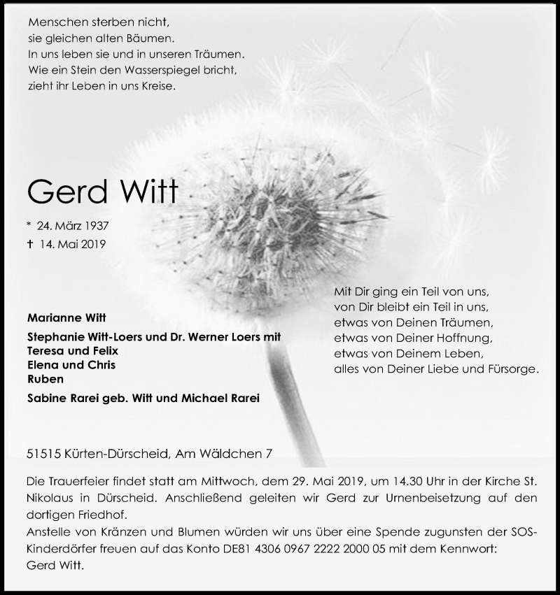  Traueranzeige für Gerd Witt vom 22.05.2019 aus Kölner Stadt-Anzeiger / Kölnische Rundschau / Express