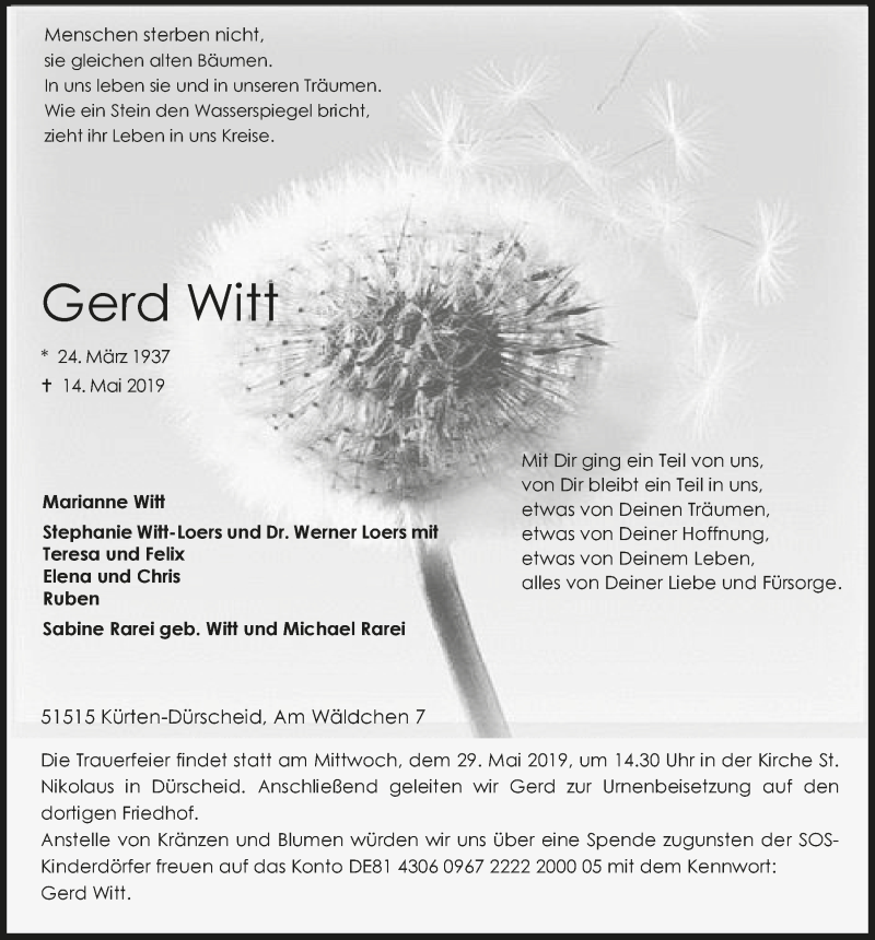  Traueranzeige für Gerd Witt vom 22.05.2019 aus  Bergisches Handelsblatt 