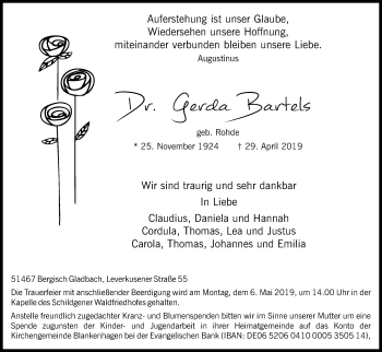 Anzeige von Gerda Bartels von Kölner Stadt-Anzeiger / Kölnische Rundschau / Express
