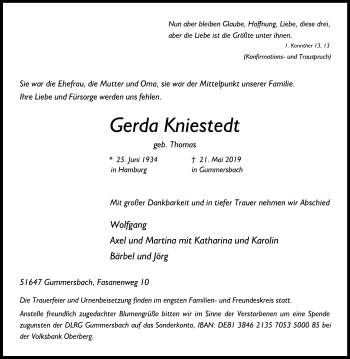 Anzeige von Gerda Kniestedt von Kölner Stadt-Anzeiger / Kölnische Rundschau / Express