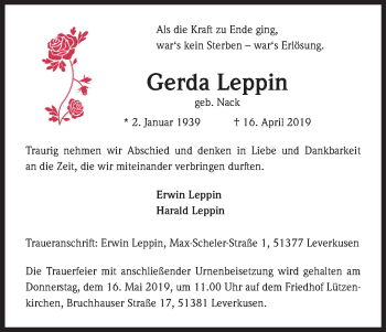 Anzeige von Gerda Leppin von Kölner Stadt-Anzeiger / Kölnische Rundschau / Express