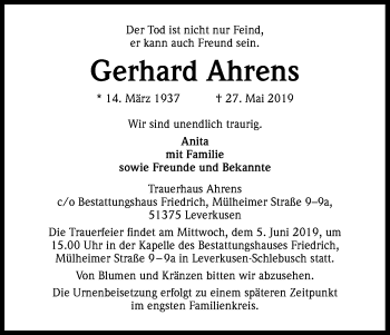 Anzeige von Gerhard Ahrens von Kölner Stadt-Anzeiger / Kölnische Rundschau / Express