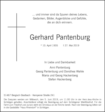 Anzeige von Gerhard Pantenburg von Kölner Stadt-Anzeiger / Kölnische Rundschau / Express