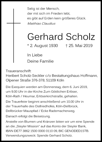 Anzeige von Gerhard Scholz von Kölner Stadt-Anzeiger / Kölnische Rundschau / Express