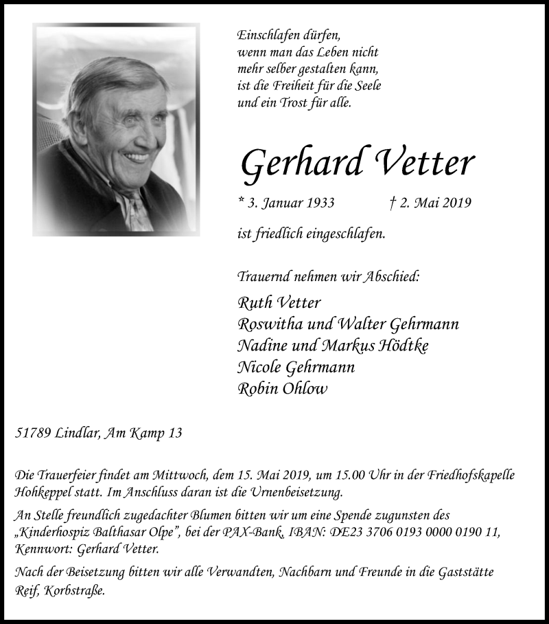  Traueranzeige für Gerhard Vetter vom 11.05.2019 aus Kölner Stadt-Anzeiger / Kölnische Rundschau / Express