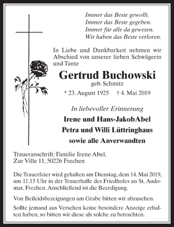 Anzeige von Gertrud Buchowski von  Wochenende 