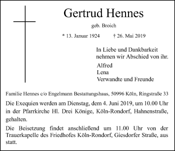 Anzeige von Gertrud Hennes von Kölner Stadt-Anzeiger / Kölnische Rundschau / Express