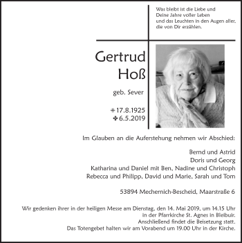 Anzeige von Gertrud Hoß von  Blickpunkt Euskirchen 