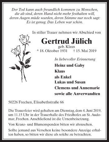 Anzeige von Gertrud Jülich von  Wochenende 