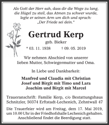 Anzeige von Gertrud Kerp von  Werbepost 