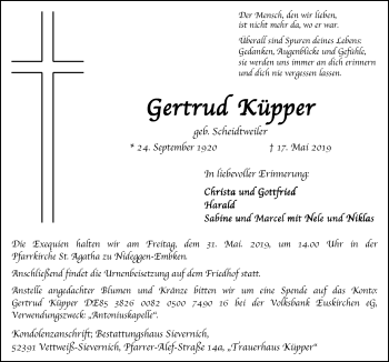 Anzeige von Gertrud Küpper von  Blickpunkt Euskirchen 