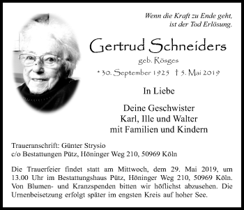Anzeige von Gertrud Schneiders von Kölner Stadt-Anzeiger / Kölnische Rundschau / Express