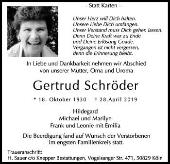 Anzeige von Gertrud Schröder von Kölner Stadt-Anzeiger / Kölnische Rundschau / Express