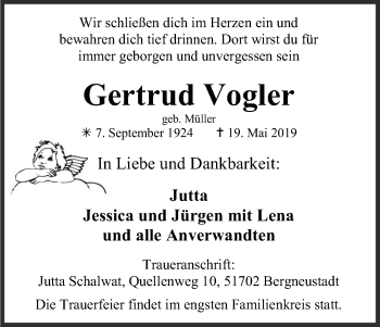 Anzeige von Gertrud Vogler von Kölner Stadt-Anzeiger / Kölnische Rundschau / Express