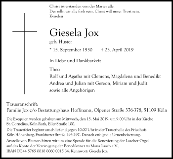 Anzeige von Giesela Jox von Kölner Stadt-Anzeiger / Kölnische Rundschau / Express