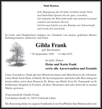 Anzeige von Gilda Frank von  Wochenende 