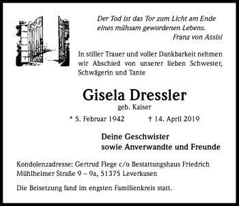 Anzeige von Gisela Dressler von Kölner Stadt-Anzeiger / Kölnische Rundschau / Express