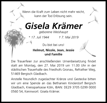 Anzeige von Gisela Krämer von Kölner Stadt-Anzeiger / Kölnische Rundschau / Express