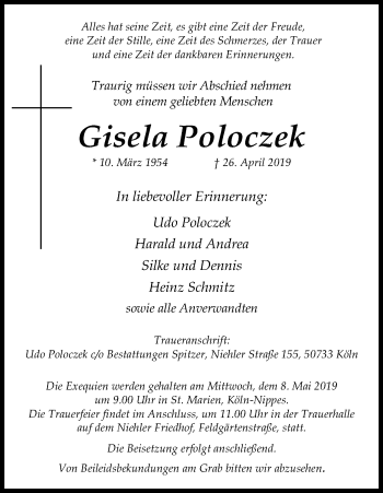Anzeige von Gisela Poloczek von Kölner Stadt-Anzeiger / Kölnische Rundschau / Express