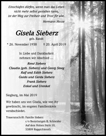 Anzeige von Gisela Sieberz von Kölner Stadt-Anzeiger / Kölnische Rundschau / Express