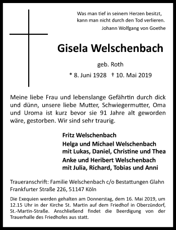 Anzeige von Gisela Welschenbach von  Kölner Wochenspiegel 