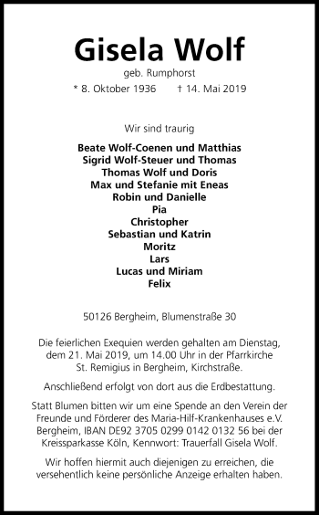 Anzeige von Gisela Wolf von Kölner Stadt-Anzeiger / Kölnische Rundschau / Express