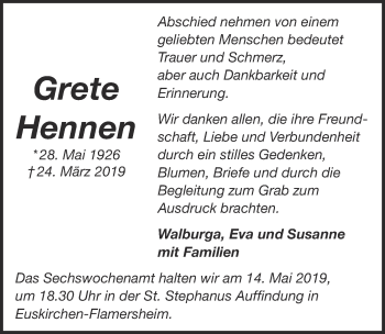 Anzeige von Grete Hennen von  Blickpunkt Euskirchen 