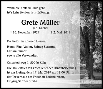 Anzeige von Grete Müller von Kölner Stadt-Anzeiger / Kölnische Rundschau / Express