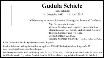 Anzeige von Gudula Schiele von Kölner Stadt-Anzeiger / Kölnische Rundschau / Express