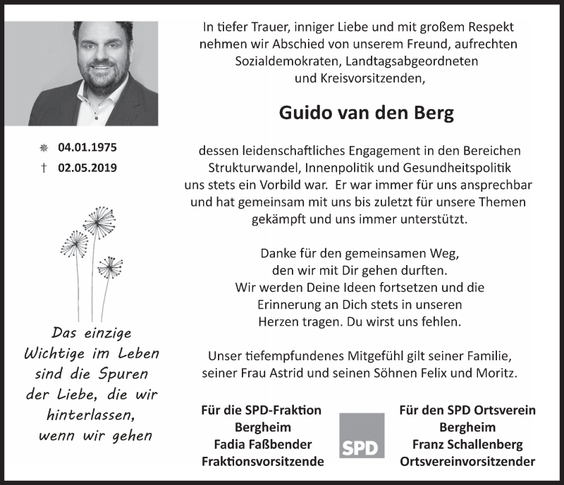  Traueranzeige für Guido van den Berg  vom 15.05.2019 aus  Werbepost 