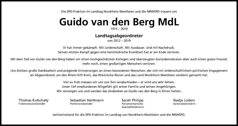  Traueranzeige für Guido van den Berg  vom 11.05.2019 aus Kölner Stadt-Anzeiger / Kölnische Rundschau / Express