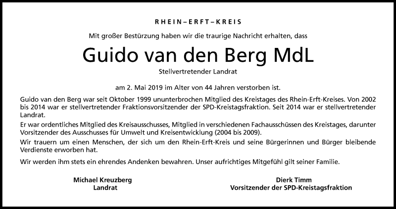  Traueranzeige für Guido van den Berg  vom 11.05.2019 aus Kölner Stadt-Anzeiger / Kölnische Rundschau / Express