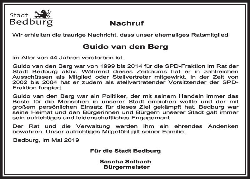  Traueranzeige für Guido van den Berg  vom 11.05.2019 aus  Sonntags-Post 