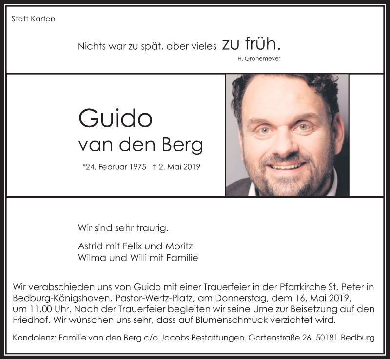  Traueranzeige für Guido van den Berg  vom 14.05.2019 aus Kölner Stadt-Anzeiger / Kölnische Rundschau / Express