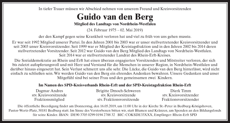  Traueranzeige für Guido van den Berg  vom 15.05.2019 aus  Schlossbote/Werbekurier 