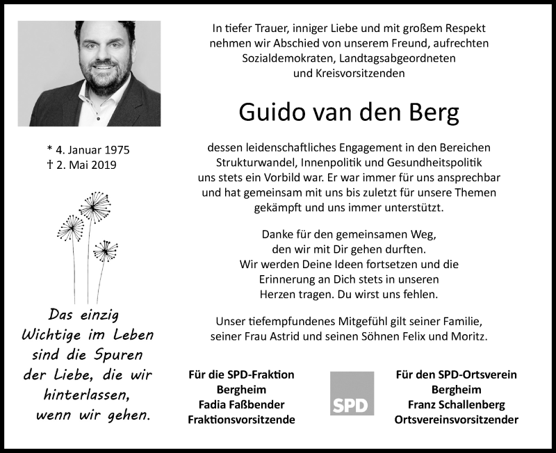  Traueranzeige für Guido van den Berg  vom 15.05.2019 aus Kölner Stadt-Anzeiger / Kölnische Rundschau / Express