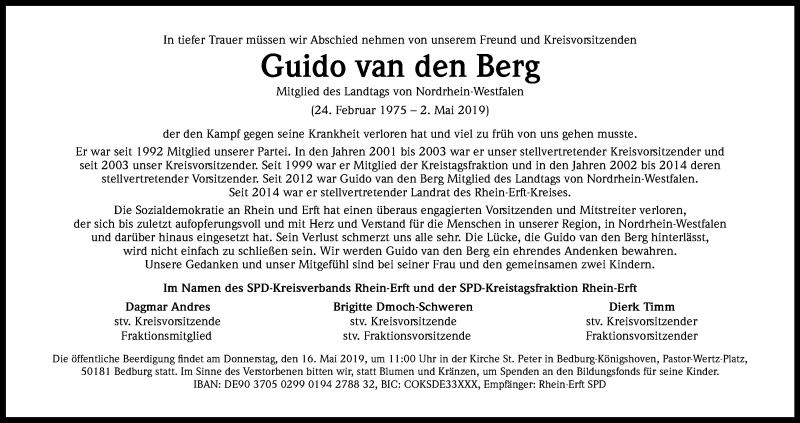  Traueranzeige für Guido van den Berg  vom 11.05.2019 aus Kölner Stadt-Anzeiger / Kölnische Rundschau / Express