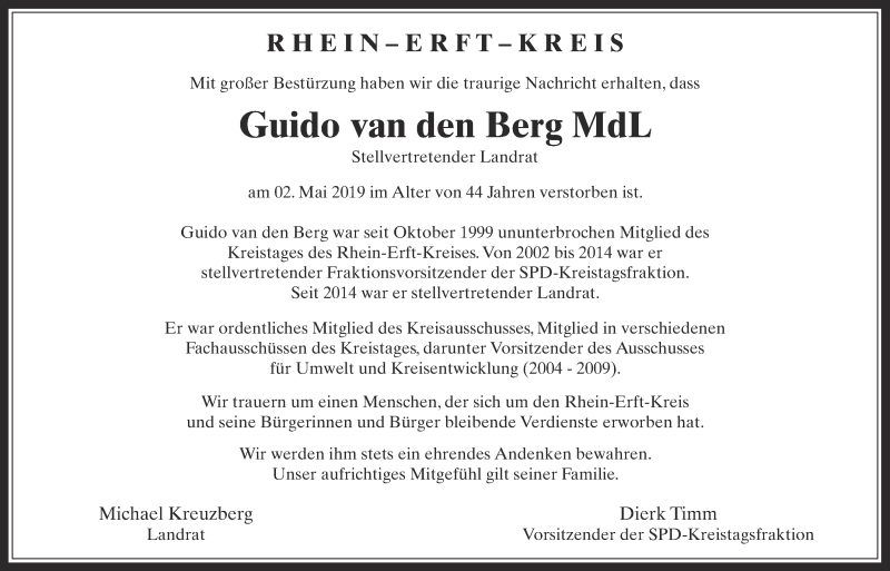  Traueranzeige für Guido van den Berg  vom 08.05.2019 aus  Wochenende  Schlossbote/Werbekurier  Werbepost 
