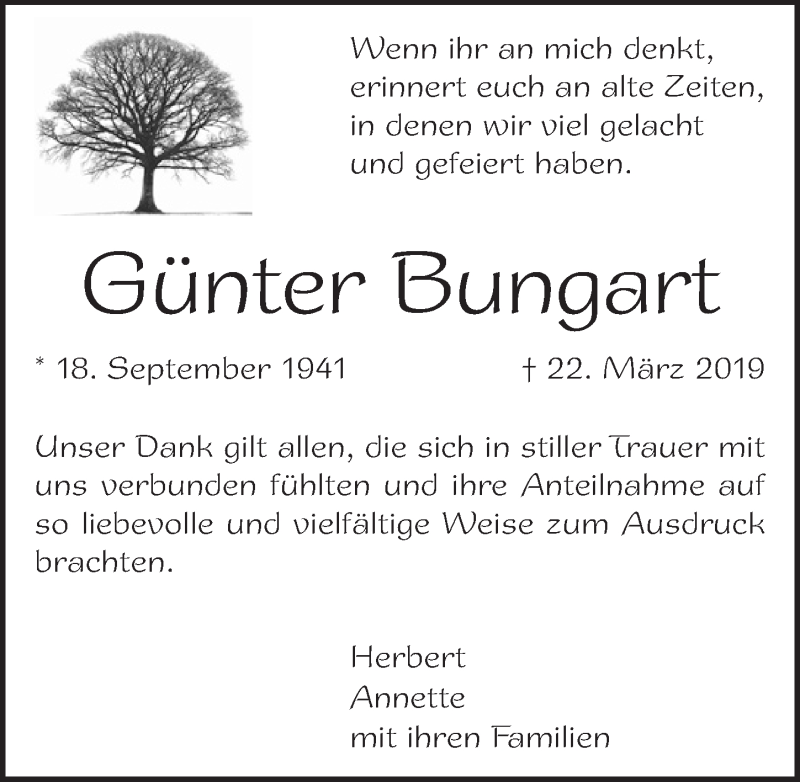 Traueranzeige für Günter Bungart vom 11.05.2019 aus  Blickpunkt Euskirchen 