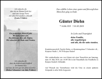 Anzeige von Günter Diehn von Kölner Stadt-Anzeiger / Kölnische Rundschau / Express